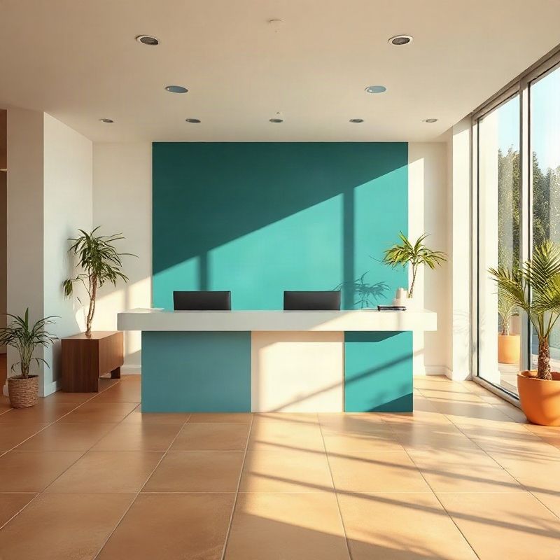 Recepción moderna y minimalista con elementos en tono teal y luz natural