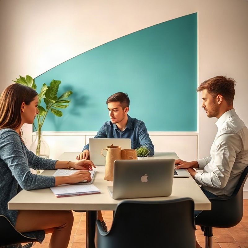 Pequeño equipo profesional trabajando alrededor de una mesa con portátiles en una oficina moderna