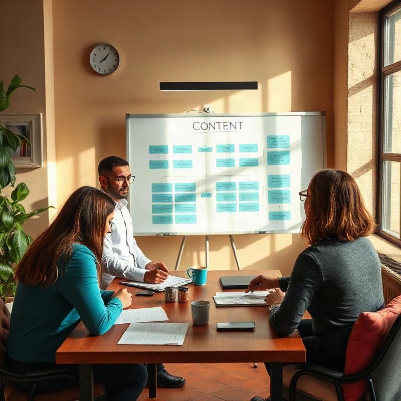 Equipo profesional en un taller alrededor de una pizarra con un diagrama de flujo de contenido