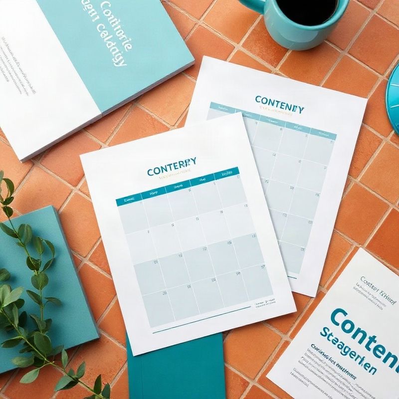 Documentos de estrategia editorial y calendario impreso sobre un escritorio