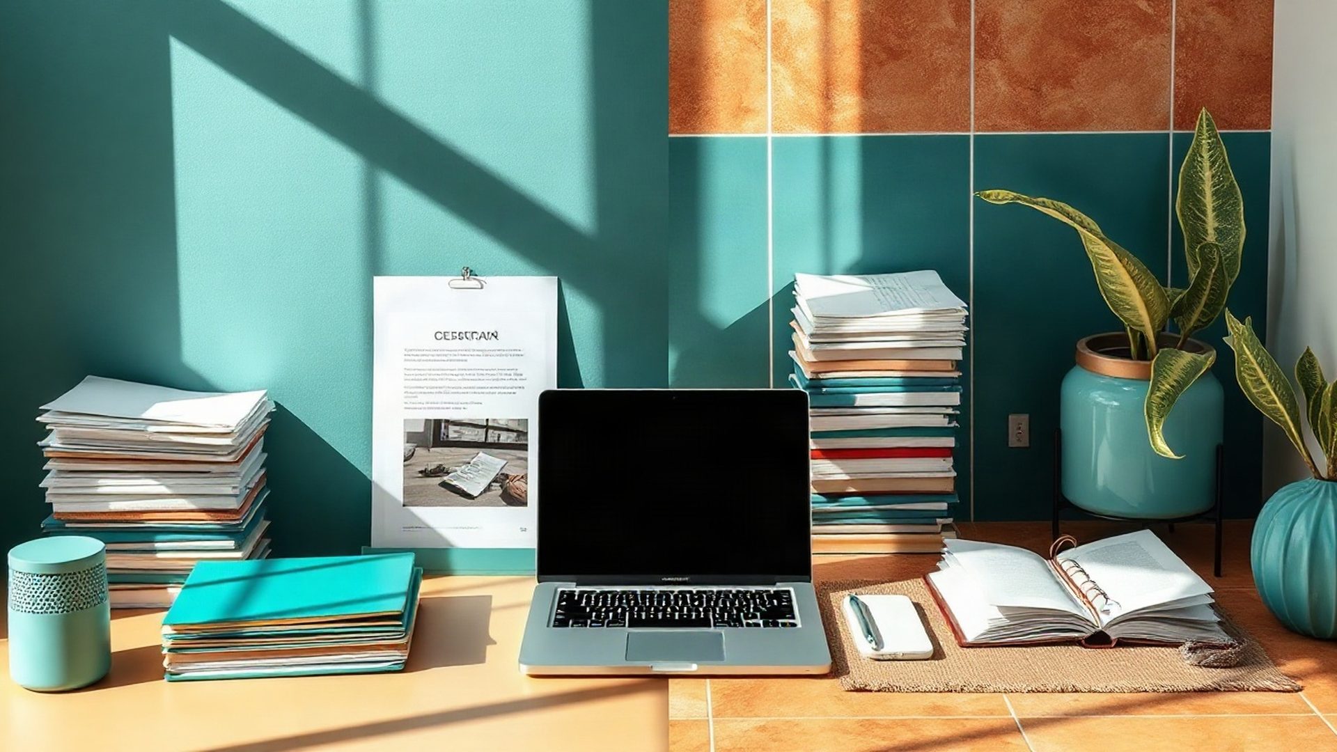 Espacio de trabajo editorial con documentos organizados y portátil en tonos teal